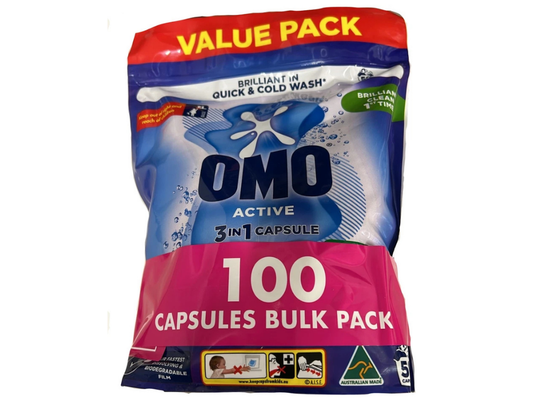 OMO Triple Active 3-in-1 Laundry Capsules – Detergent & Stain Remover, 100 Pack