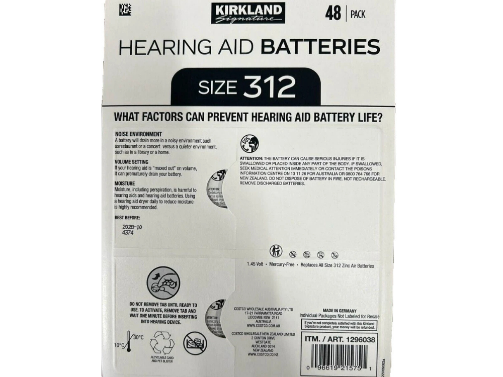 Kirkland 312 Hearing Aid Batteries 1.4V Pack of 48 Bulk