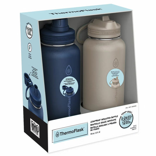 ThermoFlask Stainless Steel Water Bottle 32 oz Double Wall Vacuum Insulated 2 Pack (Blue/White)