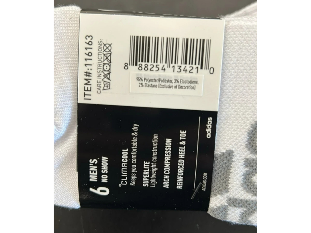 Adidas Superlite Men’s No Show Socks – White, 6 Pack, Size 6–12