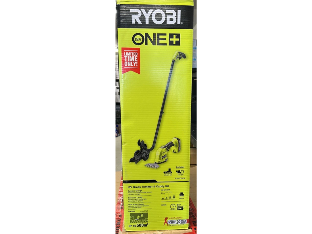 Ryobi 18V ONE+ Grass Trimmer & Shear Kit – 2.0Ah Lithium, Caddy & Charger Included