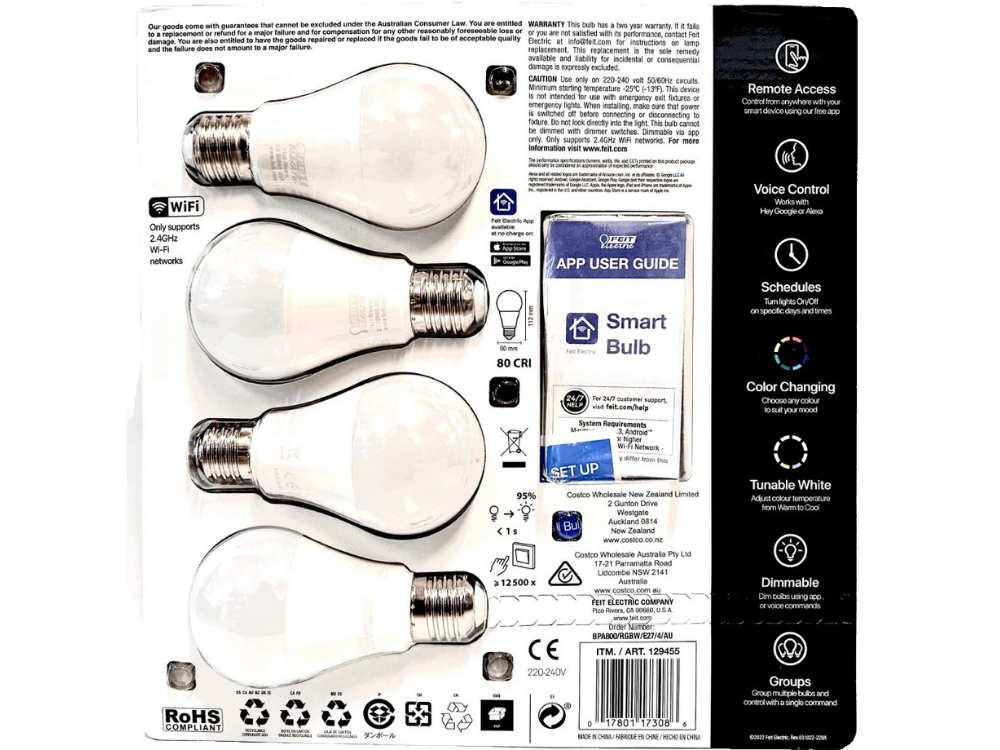 4x Feit Smart Colour LED Bulbs E27 – Dimmable, WiFi, Alexa & Google