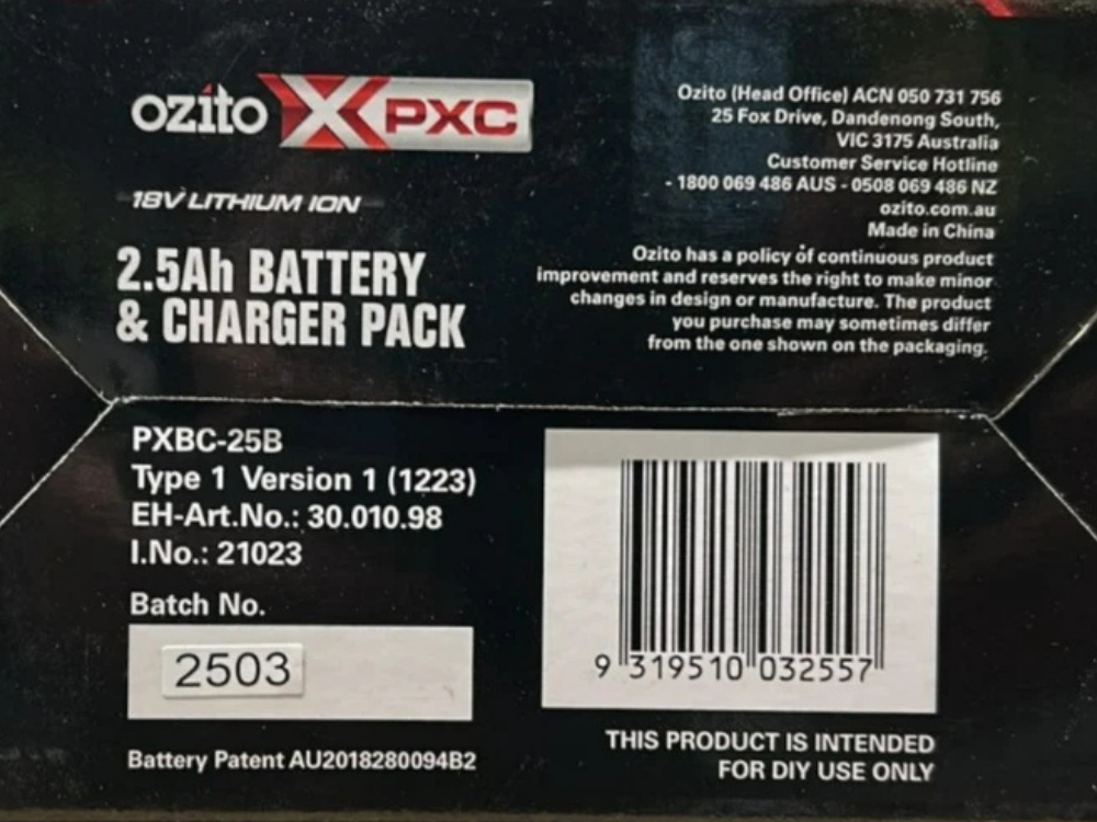 Ozito 18V 2.5Ah Battery & Fast Charger Pack – PXBC-25B