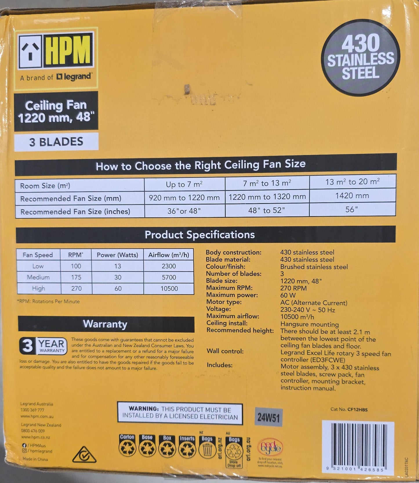 HPM 48" Ceiling Fan 3 Blade Stainless Steel 60W AC Motor Wall Controller 1220mm