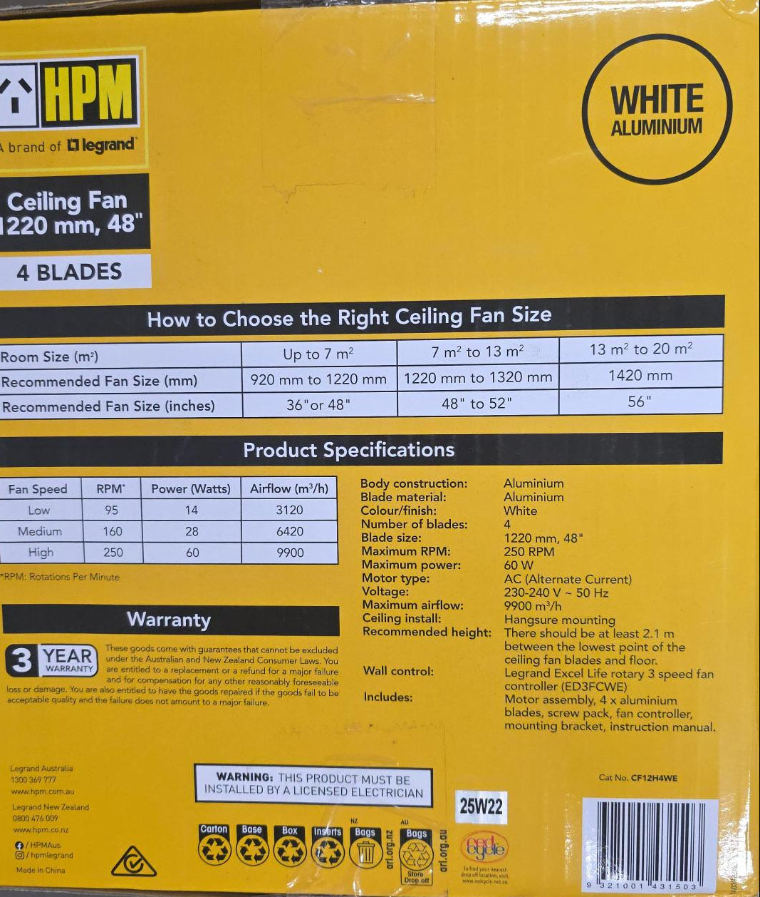 HPM 1220mm 48" Ceiling Fan 4 Blades Aluminum 60W AC Motor White