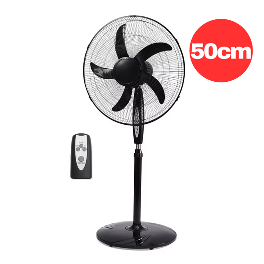 50cm Black Pedestal Fan with Remote Control Tilt Adjustable Oscillating 5 Blades