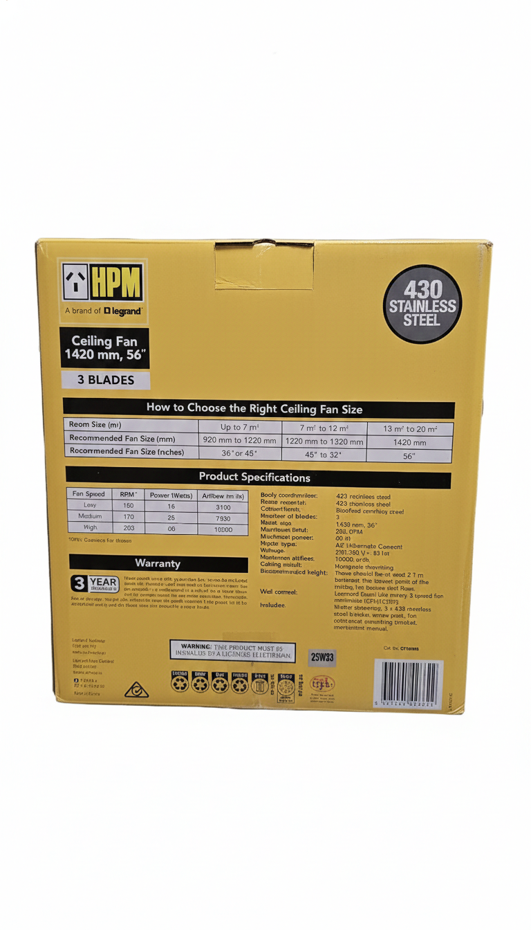 HPM Legrand 1420mm 56" Ceiling Fan 3-Blade Stainless Steel 3 Speed Controller