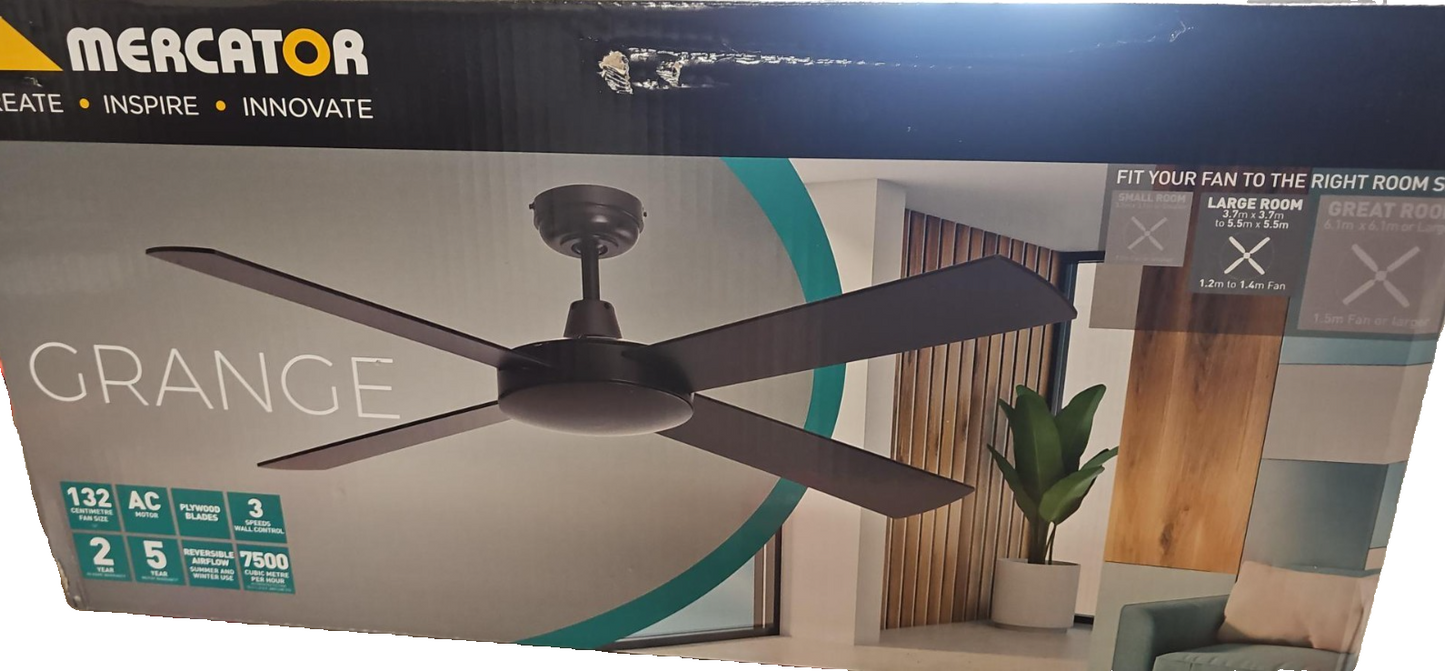 Mercator Grange 132cm Ceiling Fan 52" 4 Blade DC Black 3 Speed