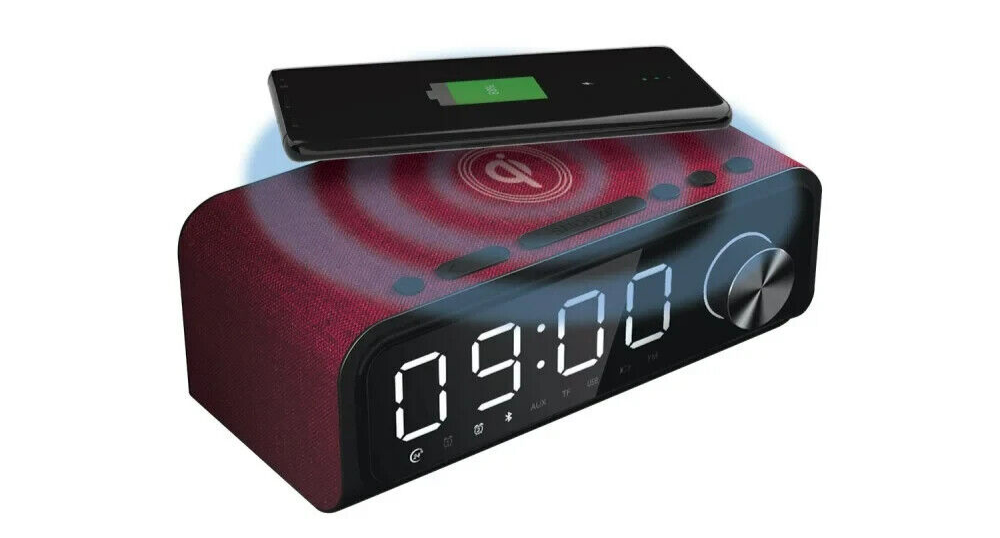 Laser Digital Alarm Clock FM Radio Wireless Charging w/ Bluetooth Speaker Red