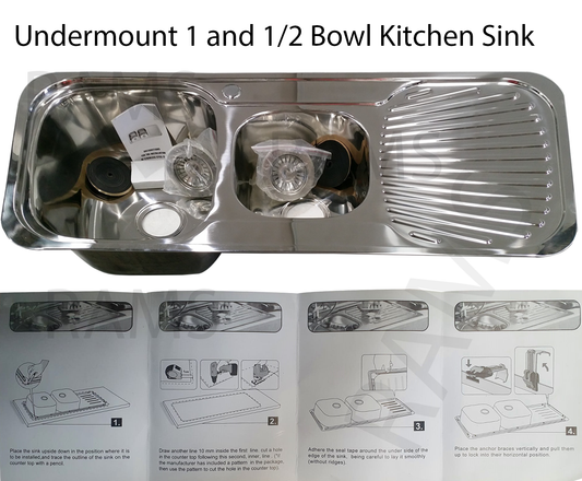 Stainless Steel Kitchen Sink Undermount Drop In Drainer 1 & 1/2 Bowl Waste Drain