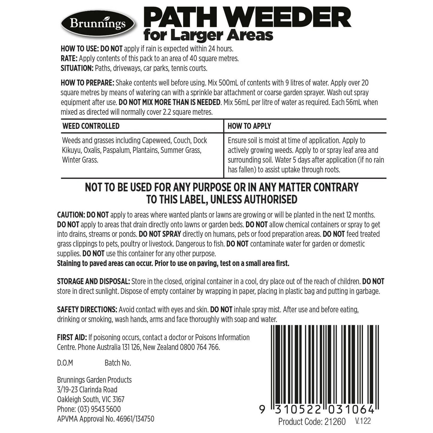 Brunnings 1L Path Weeder Path Driveway Liquid Concentrated Weed Control Killer