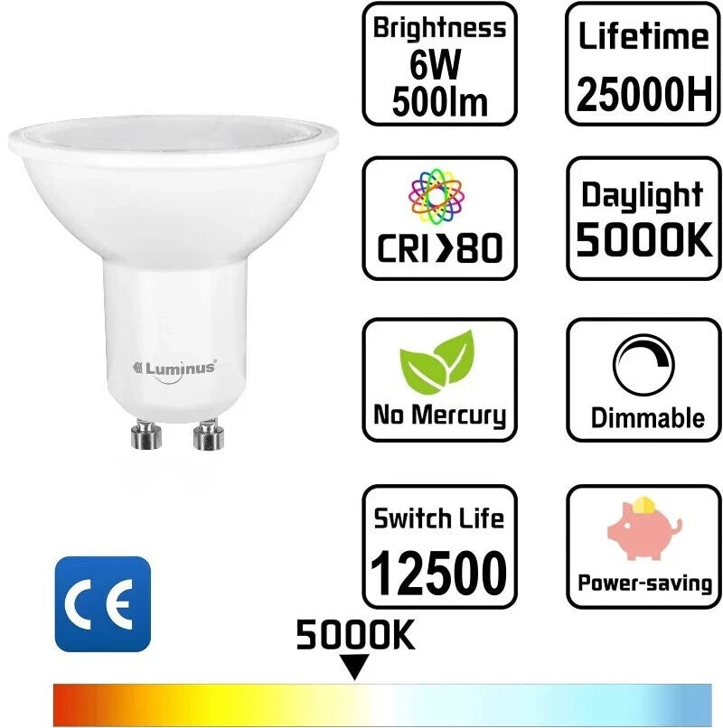 8x Luminus LED Downlight Bulb GU10 6W Recessed Daylight  Dimmable 500LM 5000K