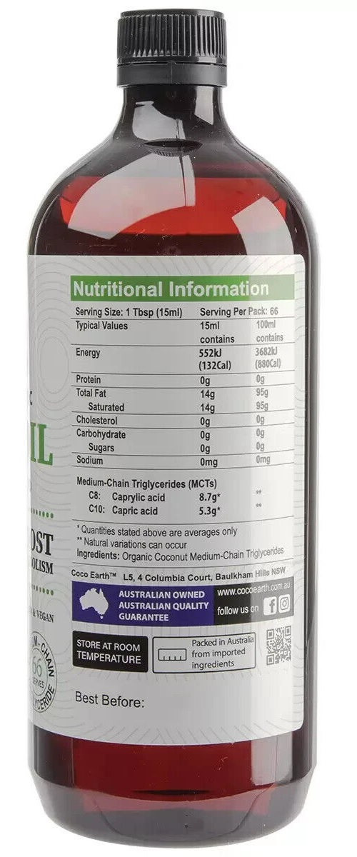 Coco Earth MCT Oil Organic 100% Unflavored Coconut Dietary Supplement 1L