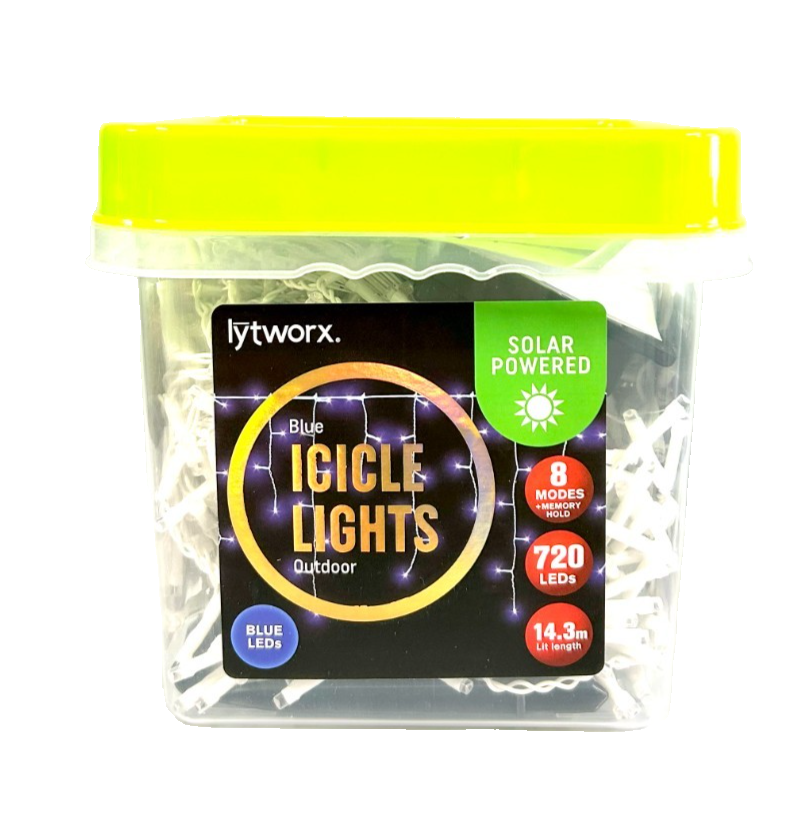 Lytworx 720 LED Blue Icicle Lights String Solar Outdoor Xmas Festive Decoration