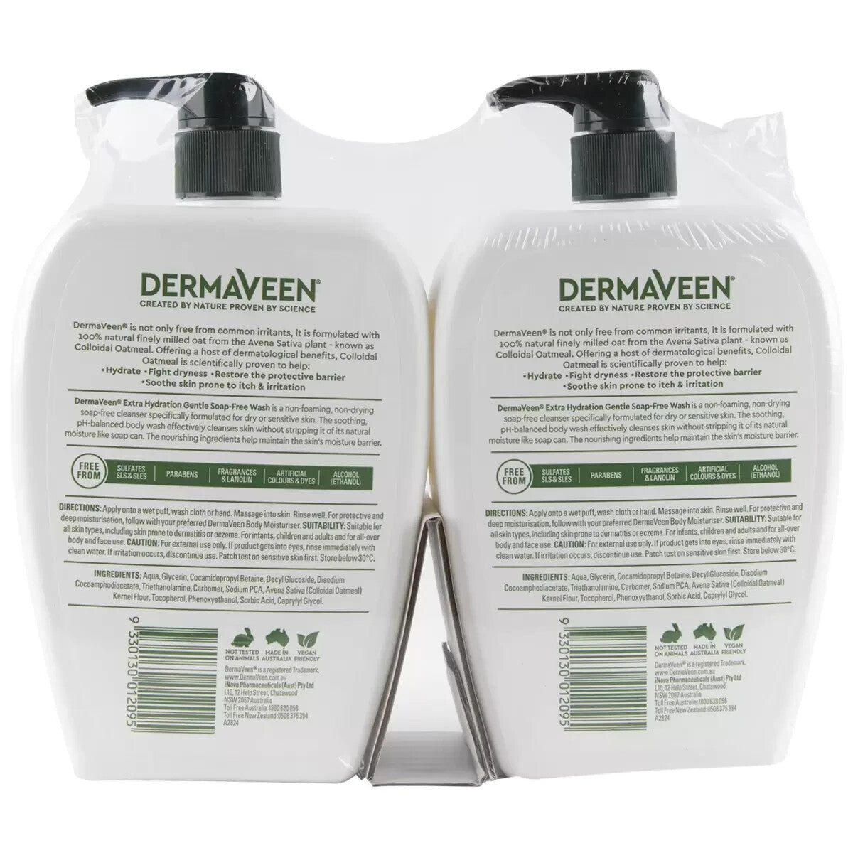 2 Pack DermaVeen Extra Gentle Soap Free Wash Face Body Shower Gel Cleanser 2x 1L