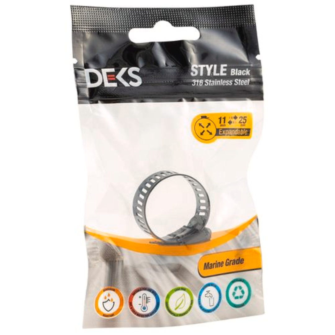 Deks  11-25mm Black Marine Grade 316 Stainless Steel Expandable Hose Clamp