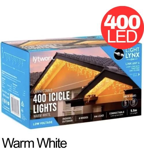 Lytworx Connectable Icicle Lights Warm White 400 LED Low Voltage Christmas Decor
