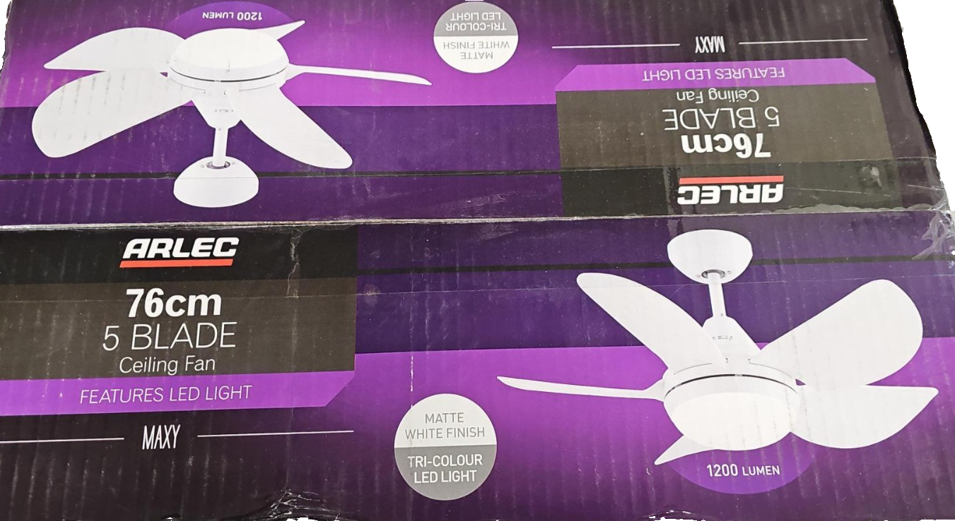 Arlec Maxy 76cm AC Ceiling Fan with LED Light 5 ABS Blades Wall Control White