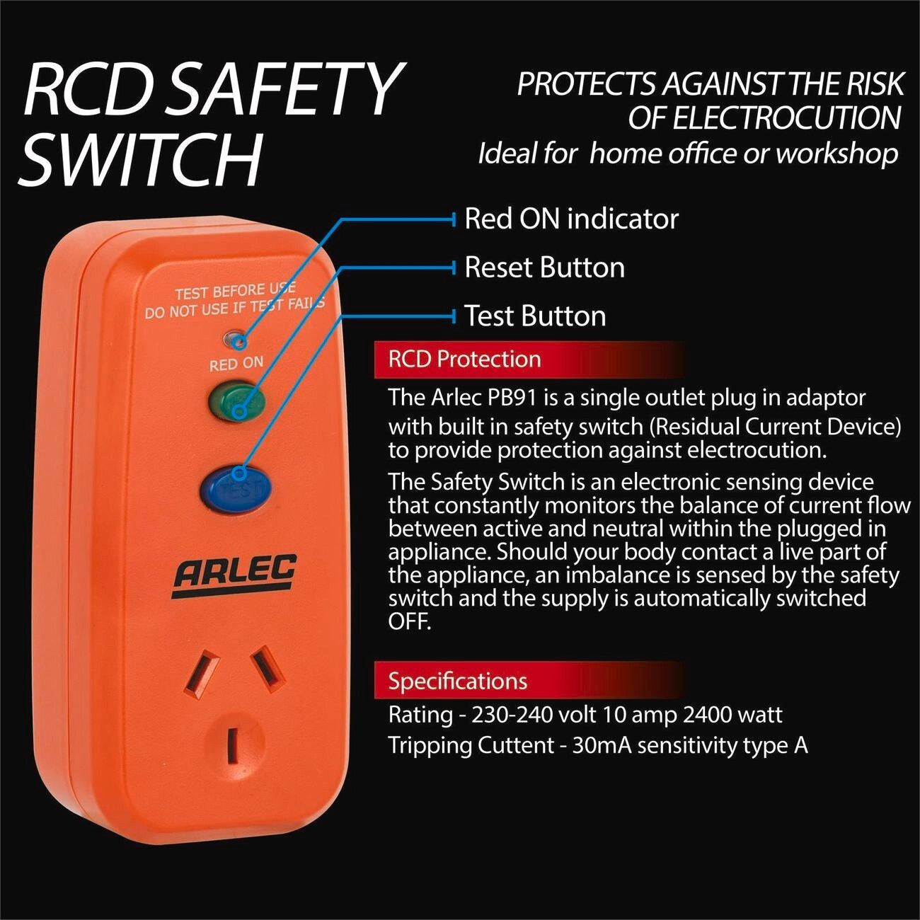 Arlec Single Outlet RCD Safety Switch Home Office Electronic Plug in Adaptor