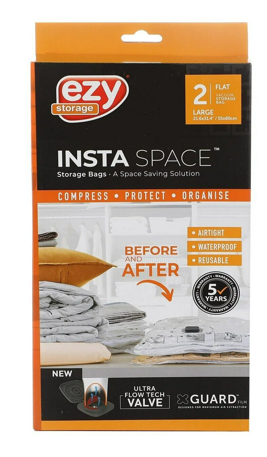 Ezy Vacuum Storage Bag Insta Space Saver Flat Large Clothes Organiser 2 Pack