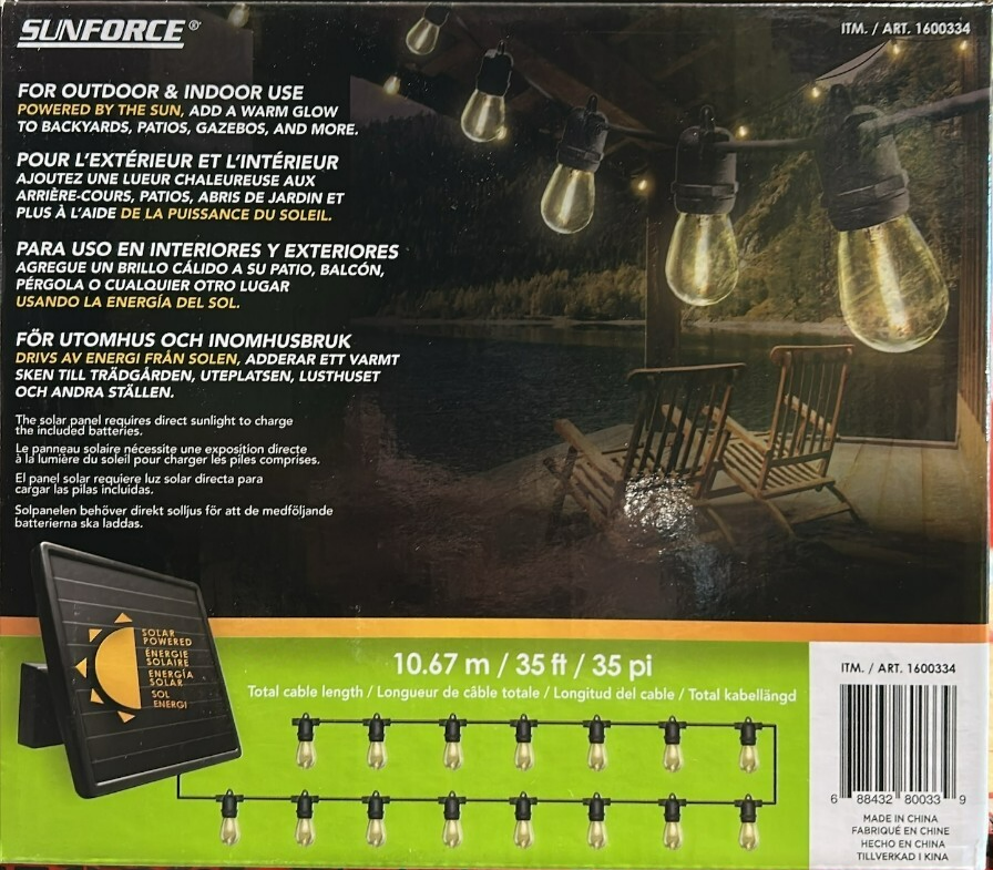 Sunforce 15 LED Solar String Lights Powered Outdoor Waterproof w/ Remote 10.67M