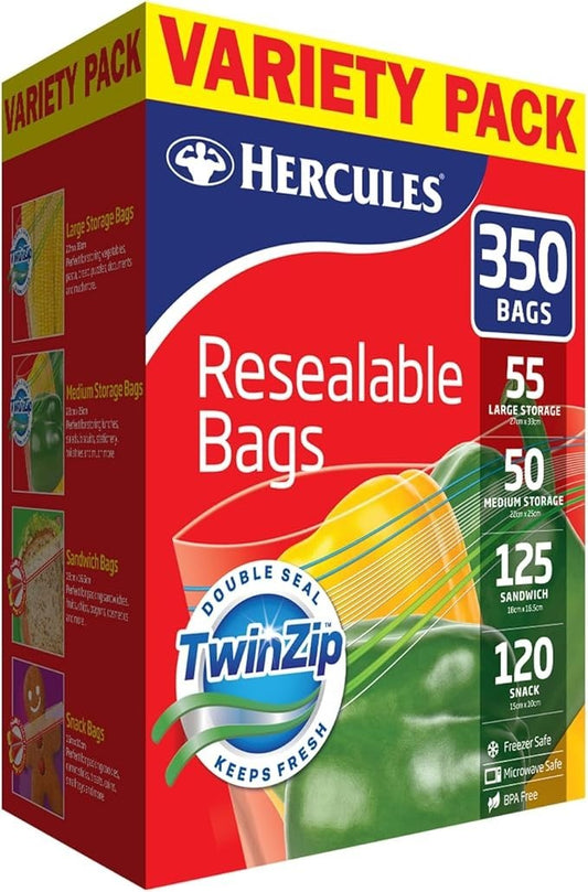 Hercules Resealable Bags Variety Pack Medium Large Sandwich Snack 350 Zip Bag