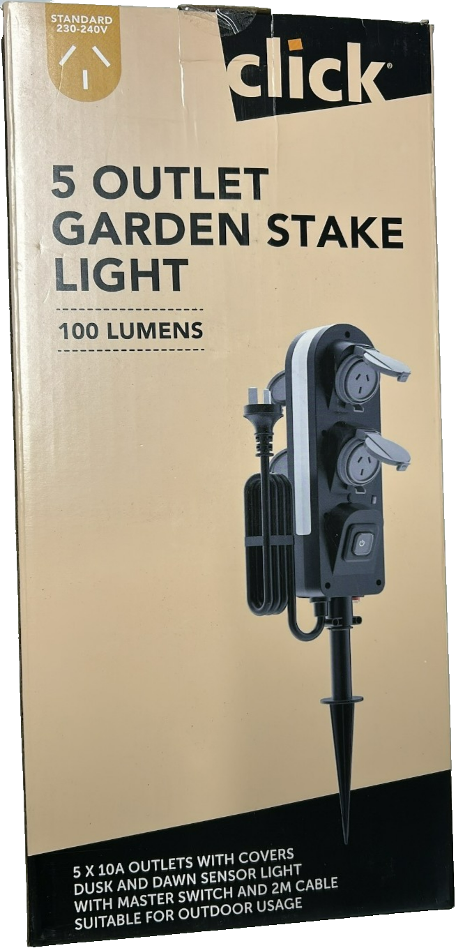 Click 5 Outlet Garden Stake Light with Sensor Yard Outdoor Powerboard IP55