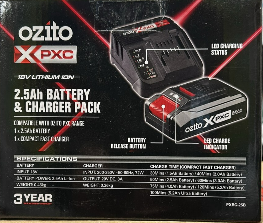 Ozito 2.5Ah Li-Ion Battery & Fast Charger Pack PXBC-25B Range Garden Tools 18V