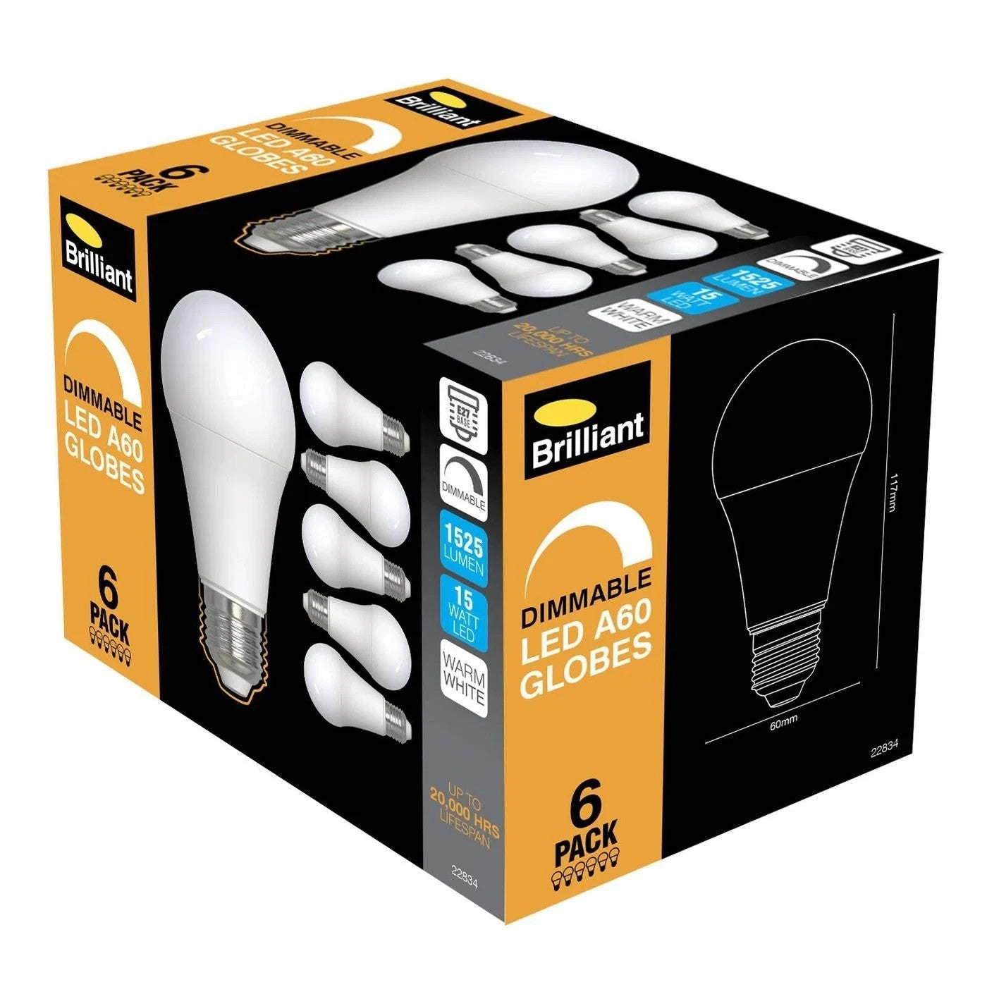 Brilliant E27 A60 1525lm LED Light Bulb Dimmable 15W Globe Warm White 6 Pack