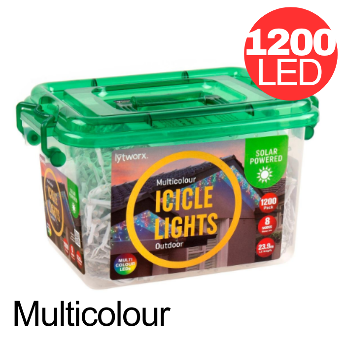 Lytworx 1200 LED Multicoloured Icicle Lights Solar String Light Xmas Decor 23.9m