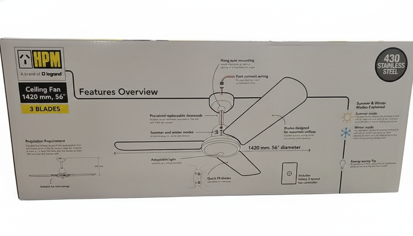 HPM Legrand 1420mm 56" Ceiling Fan 3-Blade Stainless Steel 3 Speed Controller