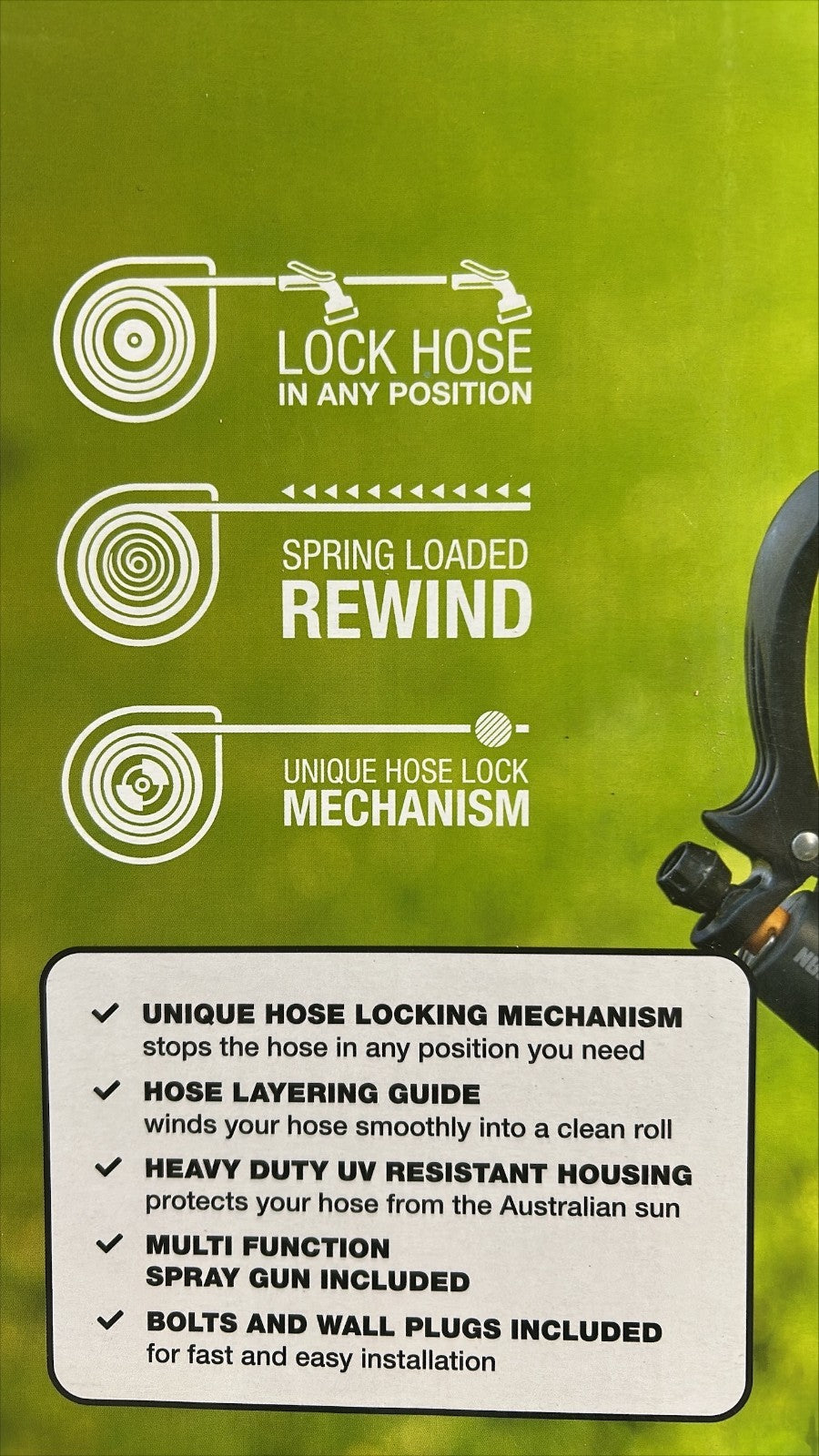 Holman 30m Hose Reel Retractable Spray Gun Auto Rewind Garden Carwash Wall Mount