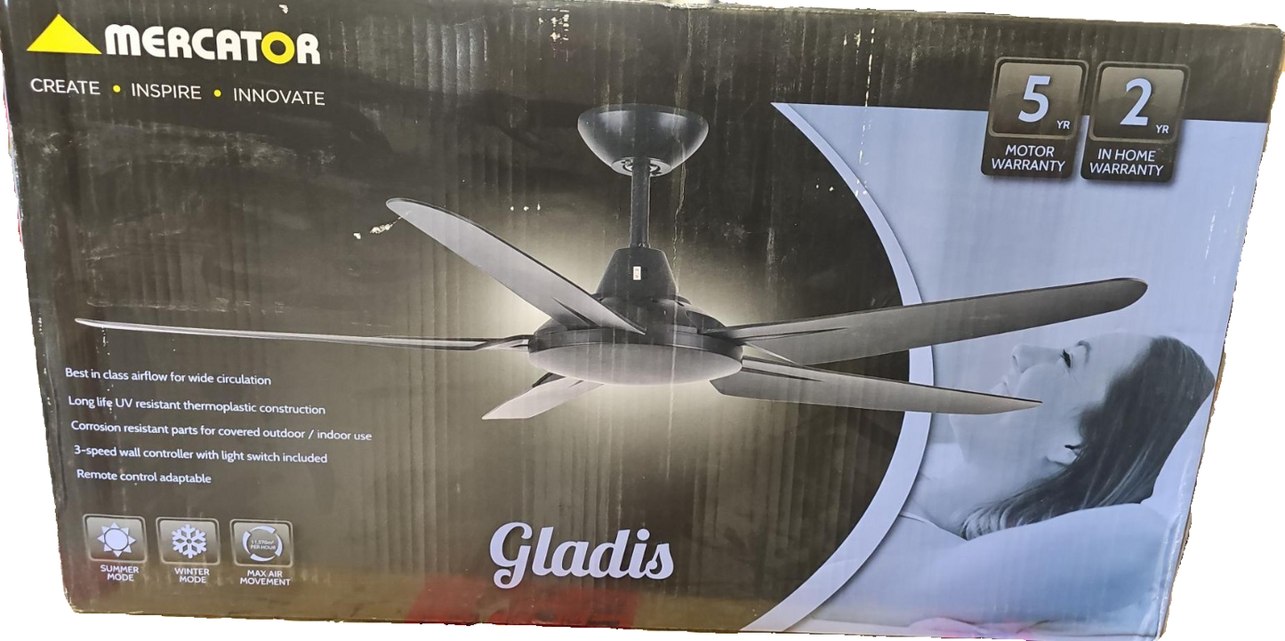 Mercator Gladis 130cm Ceiling Fan 5 Blade Indoor Living Room 3 Speed Black