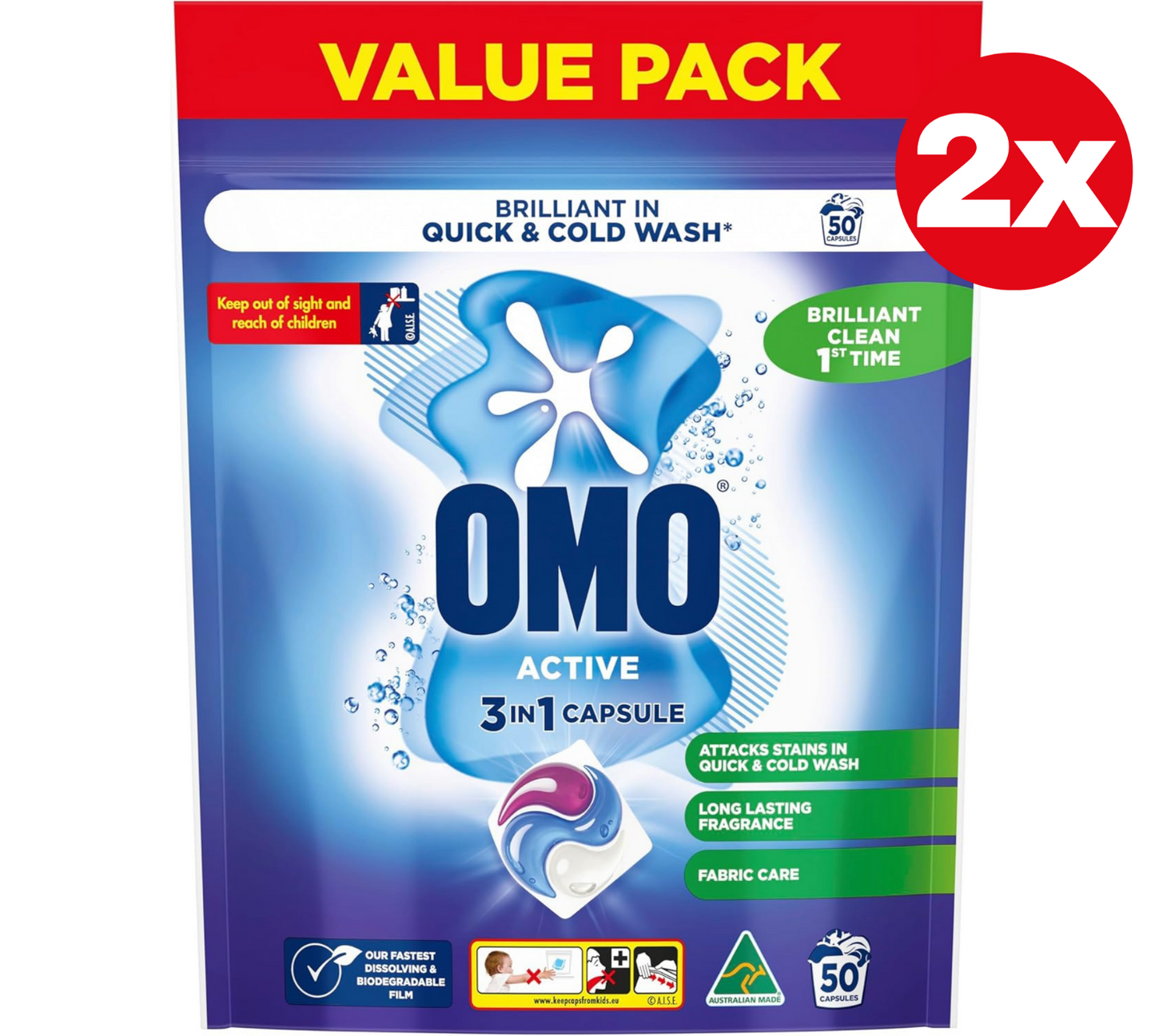 OMO Triple Active 3 In 1 Laundry Capsules Detergent Stain Remover 100 Bulk Pack