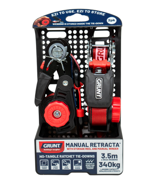 Grunt 25mm x 3.5m Manual Retractable Tie Down Ratchet Lashing Tie Straps 2 Pack
