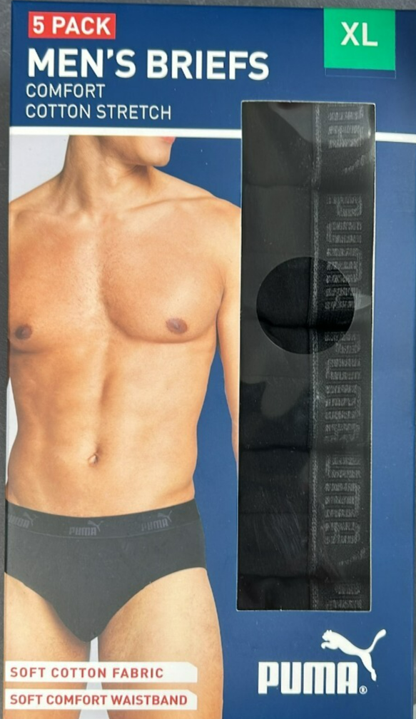Puma Men's Brief Black Cotton Stretch Comfort Fit Underwear XL 5 Pack