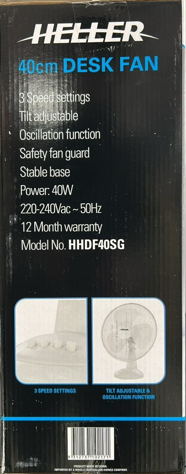 Heller 40cm Desk Fan Table Adjustable Tilt Portable Oscillating 3 Speed Setting