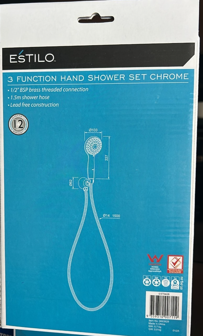Estilo Chrome 3 Function Hand Shower Connector Set Adjustable WELS 3 Star Rated