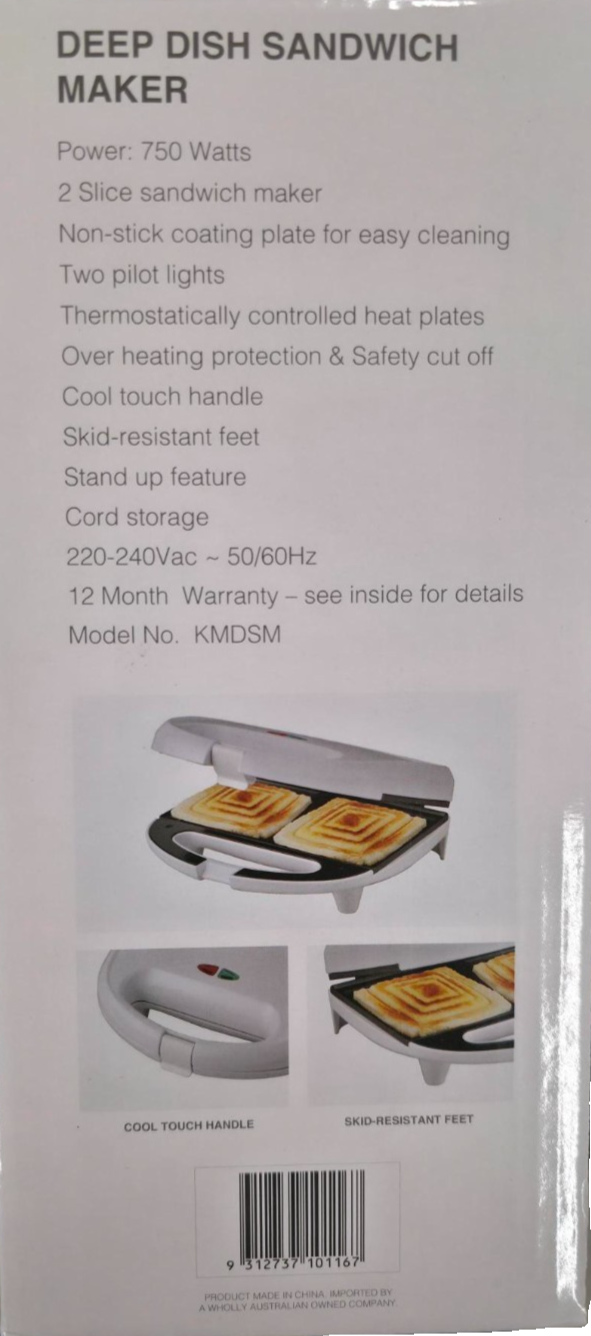 KitchenMaster Deep Dish Sandwich Maker 2-Slice Jaffle Toastie Press Non-Stick