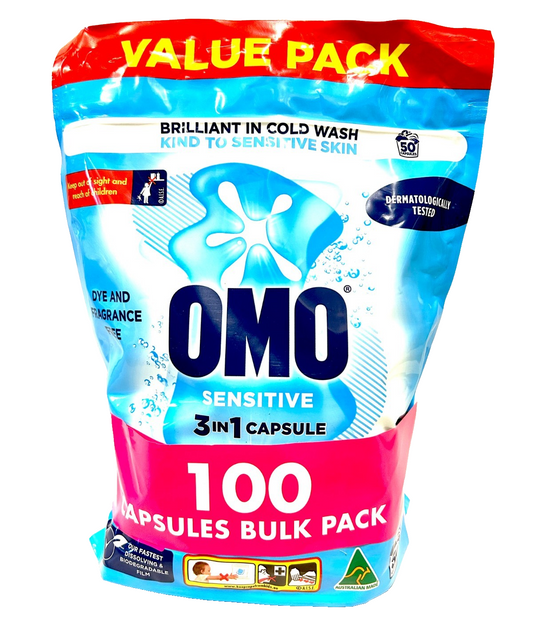 OMO Sensitive 3 in 1 Laundry Washing Capsules Detergent Gentle 100 Pack Bulk