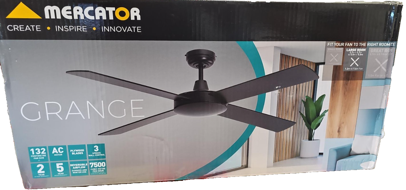 Mercator Grange 132cm Ceiling Fan 52" 4 Blade DC Black 3 Speed