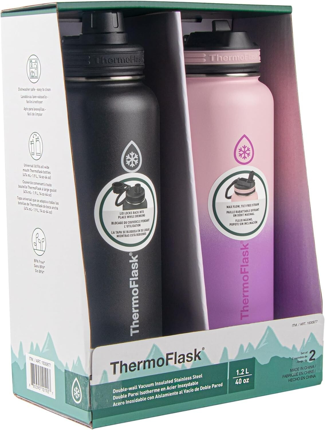 2x ThermoFlask Double Wall Vacuum Insulated Stainless Steel Water Bottle 1.2L