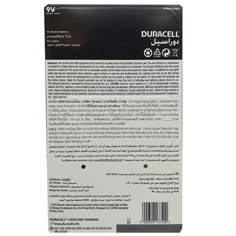Duracell 9V Battery Coppertop Alkaline Batteries 6pk Genuine AU Stock New