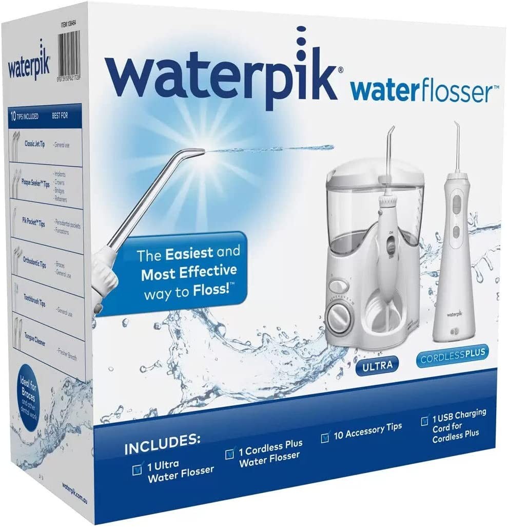 Waterpik Water Flosser Ultra + Cordless Plus Waterflosser Pack +10 Accessory Tip