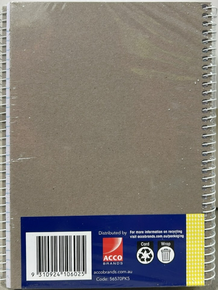 Spirax A5 Spiral Notebook with Note Pockets Office School Memo 200 Pages 5 Packs