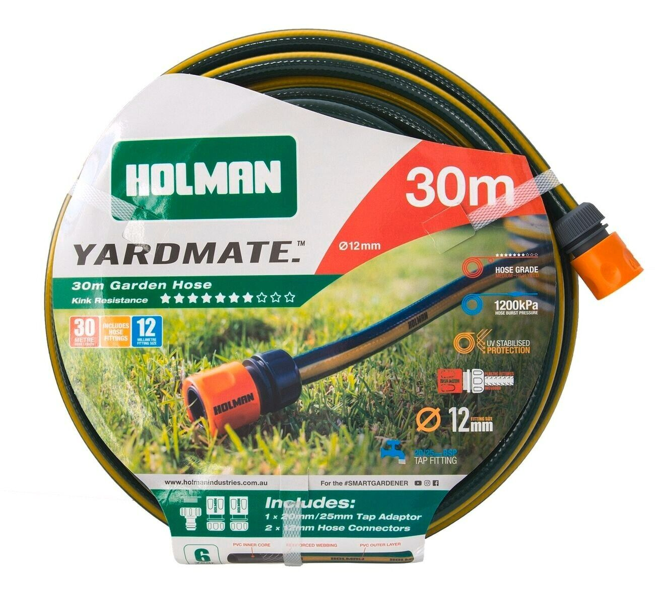 Holman 12mm x 30m Yardmate Garden Hose Watering Lawn UV Stabilised Protection