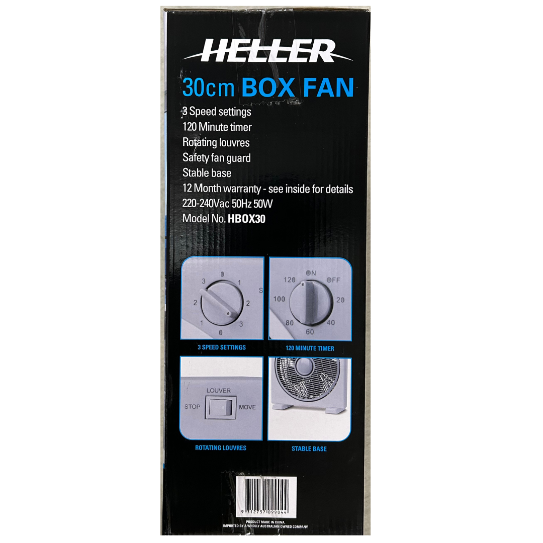 Heller 30cm Box Fan Portable Floor Desk Air Circulator Timer Cooler 3 Speed