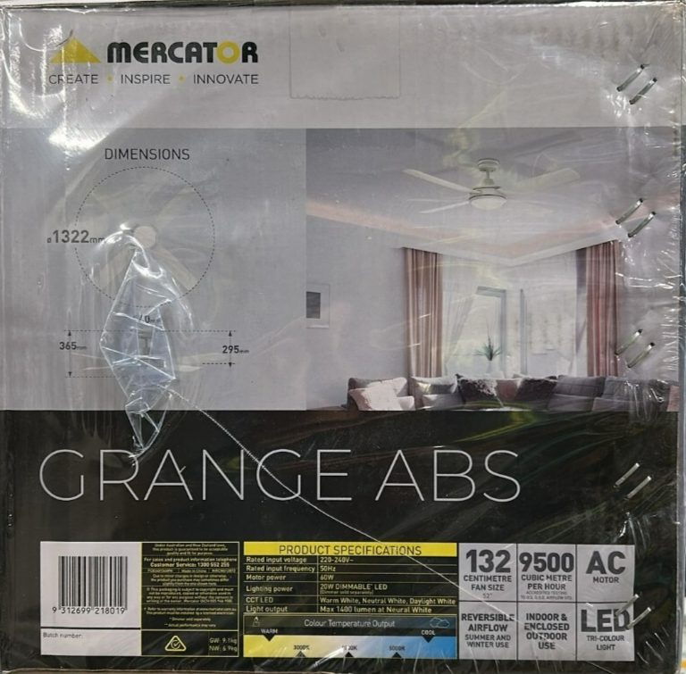 Mercator Ceiling Fan With Light Grange ABS 4 Blade Modern Warm White 132cm