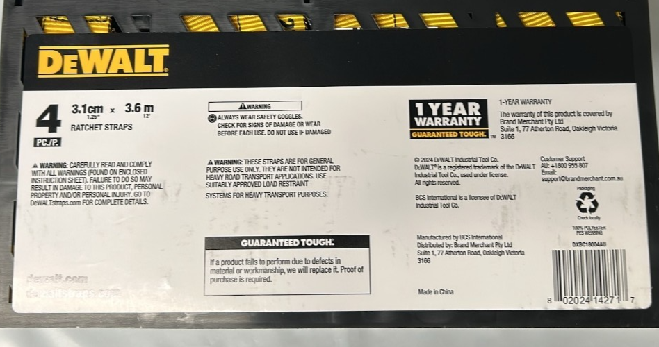 DeWALT Ratchet Tie Down Straps 31mm x 3.6m Break Strength 816kg 4 Pack