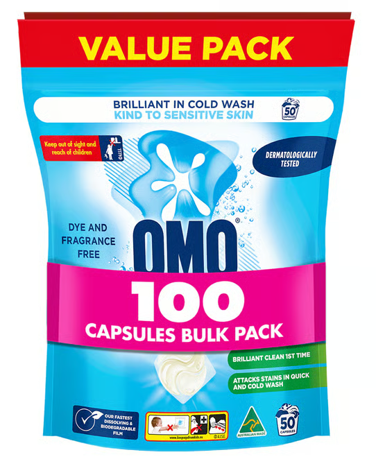 OMO Sensitive 3 in 1 Laundry Washing Capsules Detergent Gentle 100 Pack Bulk